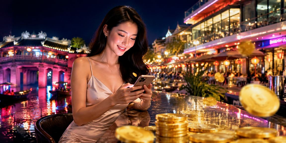 Người chơi Slots tại chợ đêm Hội An trên điện thoại rs3