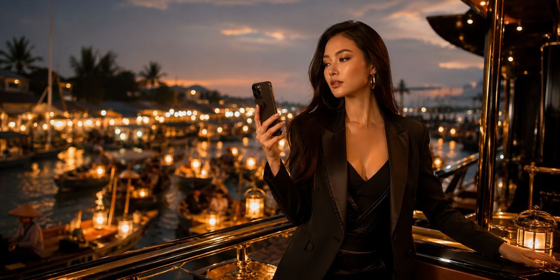 Người dùng tại bãi biển Mũi Né sử dụng điện thoại để truy cập nền tảng giải trí trực tuyến